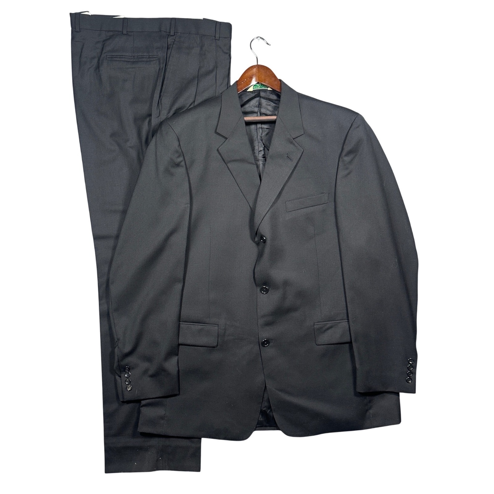Palm Beach Suit Men Black Excellent 100% Pure Wool 3 Button Pleated Hartmarx